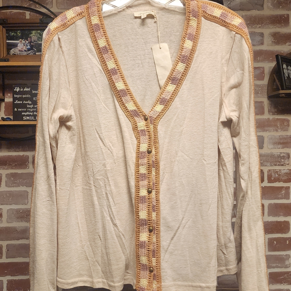 Le Mystere Cream Button Down Shirt with Multicolor Trim